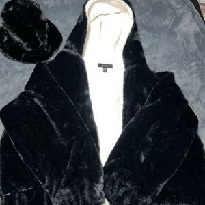 Black Faux Fur Jacket and Bucket Hat Set